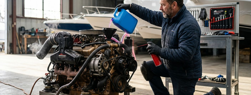 Marine mechanic winterizing a boat engine by pouring bright blue antifreeze into the cooling system with a fogging oil can in hand, set in a dry storage facility with natural window light.